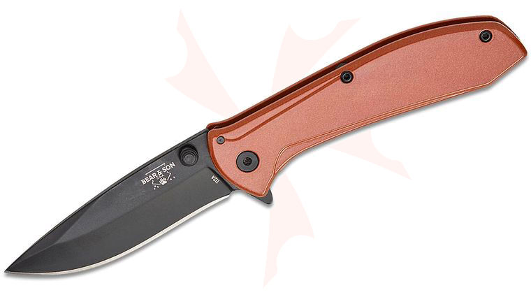 Bear & Son Executive Frame Lock Assisted Flipper Knife 2.88 inch Black Drop Point Blade, Copper Stainless Steel Handles