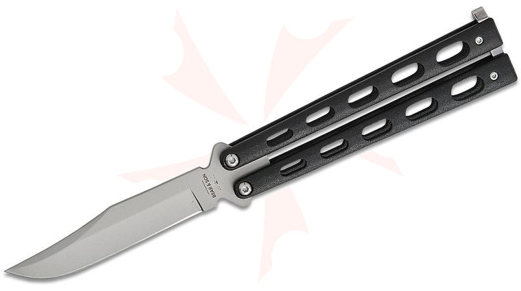 Bear & Son 114B Butterfly Knife 4 inch Satin Clip Point Blade, Black Steel Handles