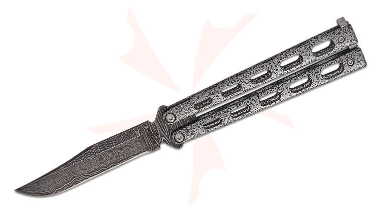 Bear & Son 114D Butterfly Knife 4 inch Damascus Clip Point Blade, Silver Vein Steel Handles