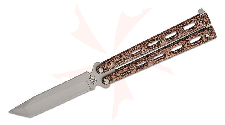 Bear & Son 114TCV Balisong Butterfly Knife 4.25 inch Bead Blast Tanto Blade, Copper Vein Zinc Handles