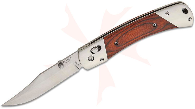 Bear & Son Slide Lock Folding Knife 3.7 inch Sandvik 14C28N Polished Clip Point Blade, Rosewood Handles with Stainless Steel Bolsters