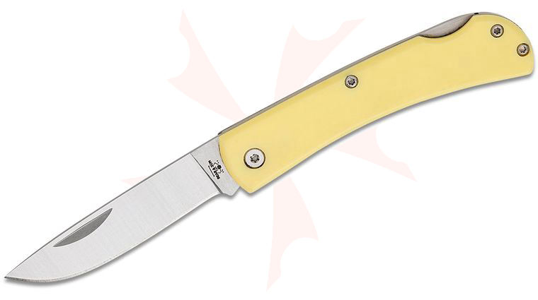 Bear & Son C337L Lockback Farmhand Folding Knife 2.75 inch 1095 Satin Drop Point Blade, Yellow Delrin Handles