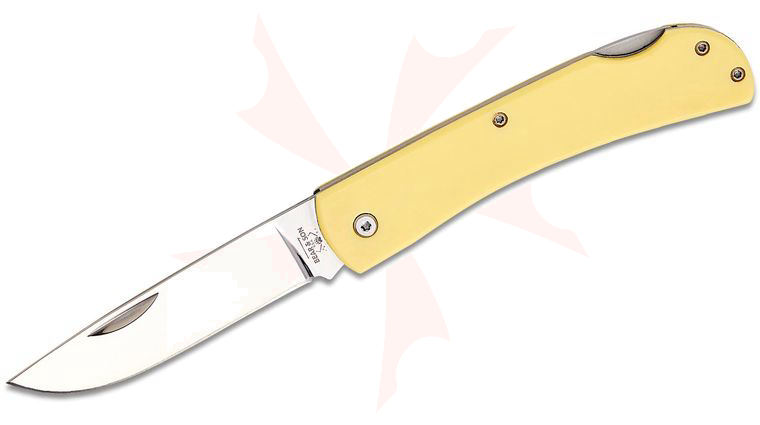 Bear & Son C338L Large Farmhand Lockback Folding Knife 3.42 inch 1095 Polished Drop Point Blade, Yellow Delrin Handles