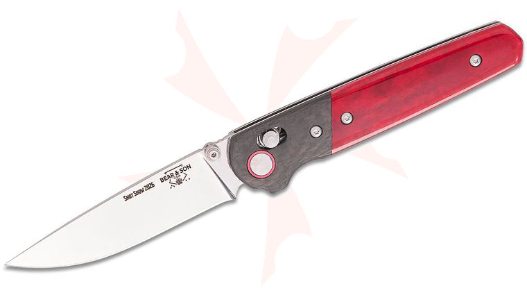 Bear & Son RSMB22 2026 SHOT Show Lawman Crossbar Lock Folding Knife 3.42 inch D2 Polished Drop Point Blade, Red Bone and Carbon Fiber Handles