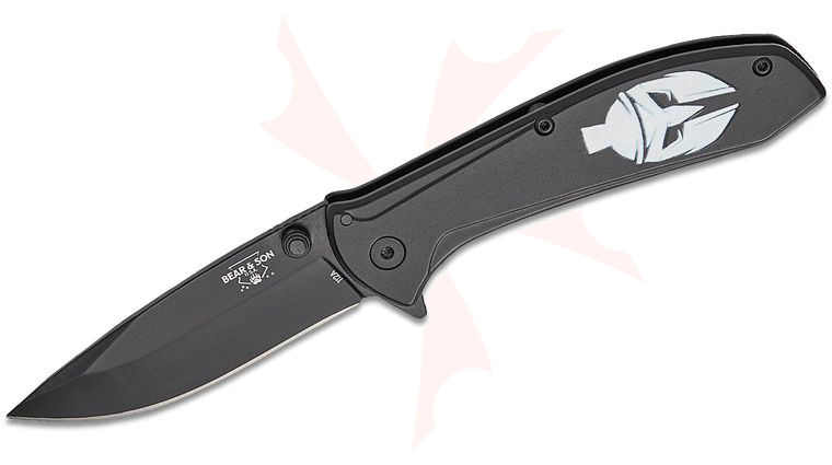 Bear & Son Executive Frame Lock Assisted Flipper Knife 2.88 inch Black Drop Point Blade, Black Stainless Steel Handles with Spartan Helmet Design