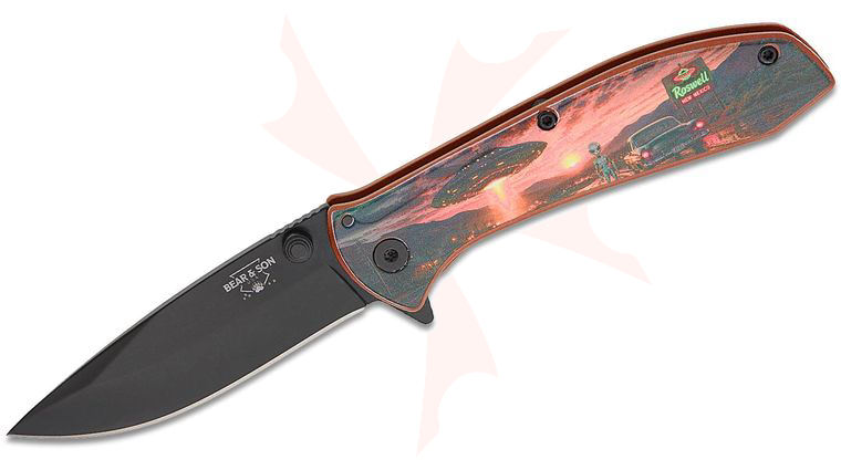 Bear & Son Executive Frame Lock Assisted Flipper Knife 2.88 inch Black Drop Point, Copper Stainless Steel Handles with Roswell Alien UV Artwork