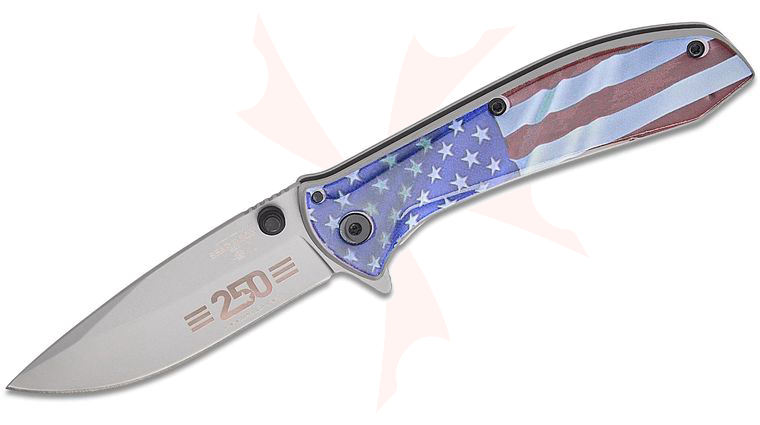 Bear & Son America 250th Anniversary Executive Frame Lock Assisted Flipper Knife 2.88 inch Bead Blast Drop Point, Stainless Steel Handles with American Flag Onlay