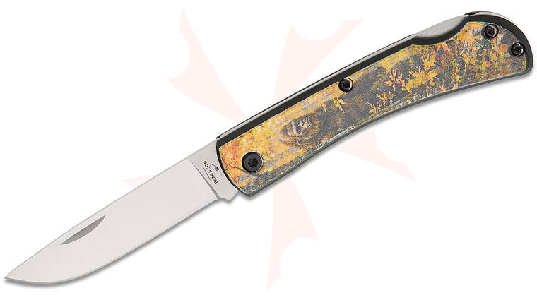 Bear & Son Farmhand Lockback Folder 2.75 inch Satin Plain Blade, Black Aluminum Handles with Autumn Bigfoot UV Artwork