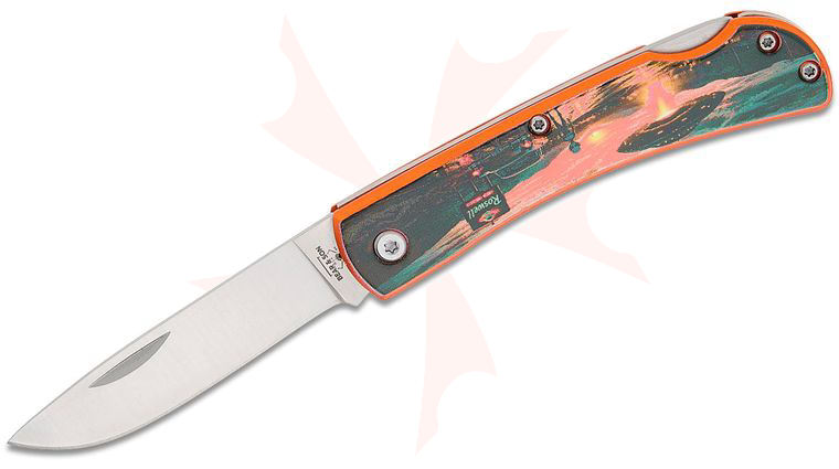 Bear & Son Farmhand Lockback Folder 2.75 inch Satin Plain Blade, Orange Aluminum Handles with Roswell Alien UV Artwork