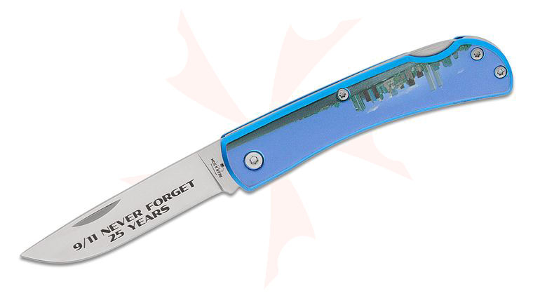 Bear & Son 9/11 25th Anniversary Edition Farmhand Lockback Folder 2.75 inch Plain Blade, Blue Aluminum Handles with Commemorative UV Artwork