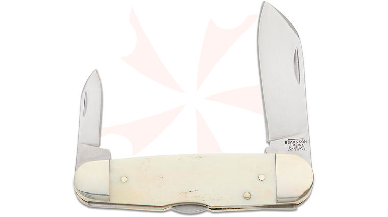 Bear & Son WSB59L Large 2-Blade Piranha Lockback 4 inch Closed, White Smooth Bone Handles