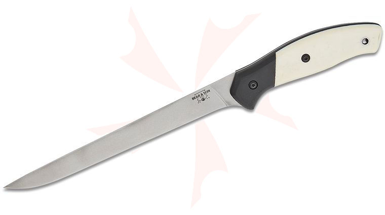 Bear & Son Professional Fillet Knife Fixed Blade 7.44 inch Sandvik 14C28N Stonewashed Blade, White Bone Handles with Black G10 Bolsters, Plastic Sheath