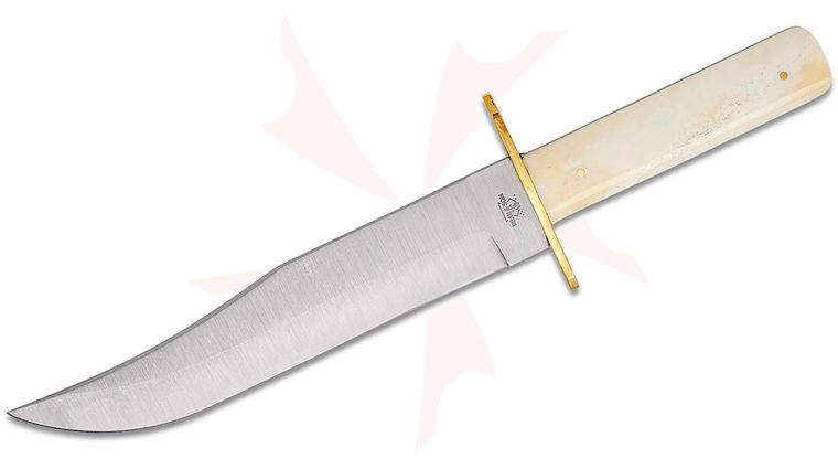 Bear & Son Bowie Knife Fixed 9 inch Satin Blade, Smooth White Bone Handles, Brown Leather Sheath