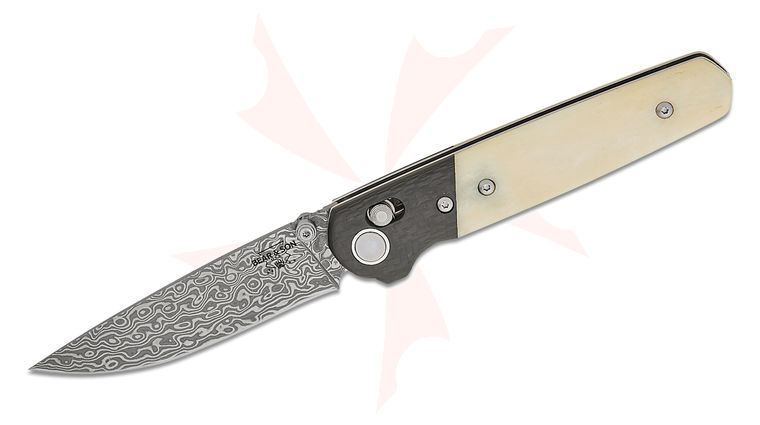 Bear & Son WSB22D Lawman Crossbar Lock Folding Knife 3.42 inch Damascus Drop Point Blade, White Smooth Bone and Carbon Fiber Handles