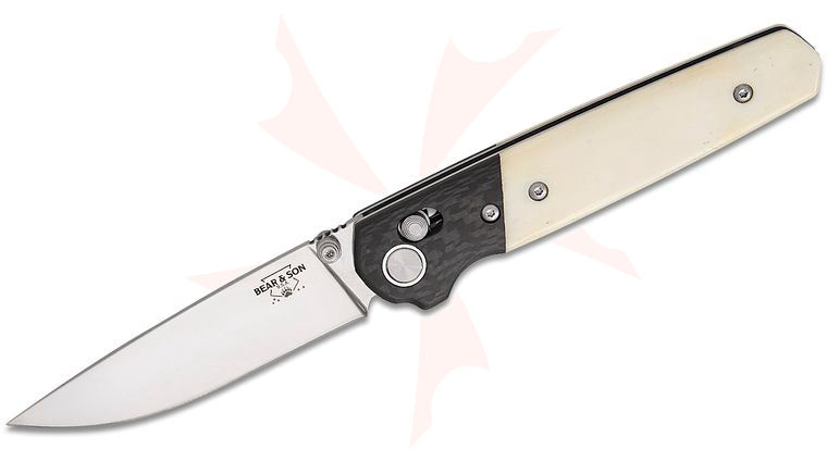 Bear & Son WSB22 Lawman Crossbar Lock Folding Knife 3.42 inch D2 Satin Drop Point Blade, White Smooth Bone and Carbon Fiber Handles