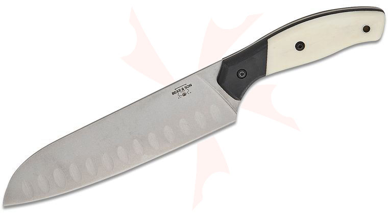 Bear & Son Professional Santoku Knife 6.9 inch Sandvik 14C28N Stonewashed Blade, White Bone Handles with Black G10 Bolsters, Plastic Sheath