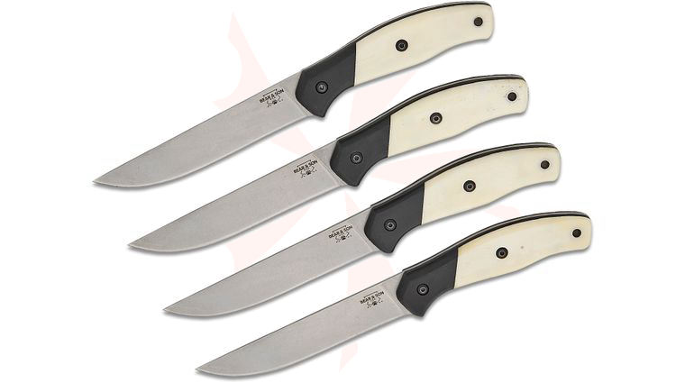 Bear & Son Professional 4pc Steak Knife Set 4.75 inch Sandvik 14C28N Stonewashed Blade, White Bone Handles with Black G10 Bolsters