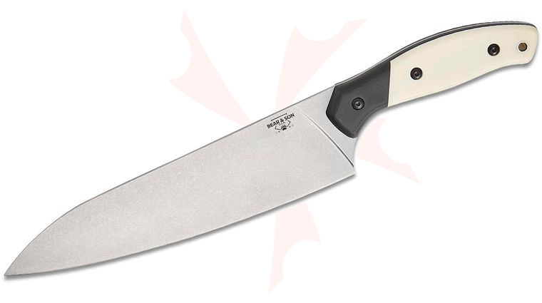 Bear & Son Professional Chef's Knife 8.5 inch Sandvik 14C28N Stonewashed Blade, White Bone Handles with Black G10 Bolsters, Plastic Sheath
