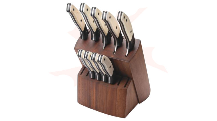 Bear & Son Professional 10pc Block Set, White Smooth Bone Handles, Walnut Block