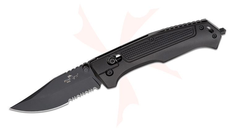 Bear OPS Rancor IV Slide Lock Folding Knife 3.25 inch Sandvik 14C28N Black Combo Clip Point, Black Aluminum Handles