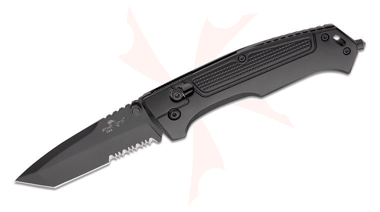 Bear OPS Rancor IV Folding Knife 3.25 inch Sandvik 14C28N Black Combo Tanto Blade, Black Aluminum Handles