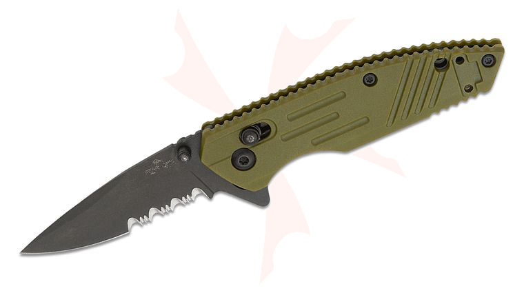 Bear OPS Mini Rancor IX Slide Lock Flipper Knife 2.36 inch D2 Black Serrated Drop Point Blade, OD Green Zytel Handles