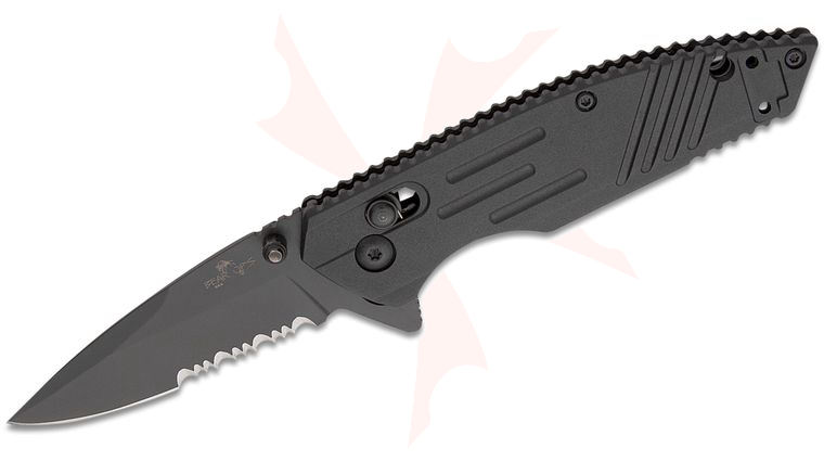 Bear OPS Rancor IX Slide Lock Flipper Knife 2.83 inch D2 Black Serrated Drop Point Blade, Black Zytel Handles
