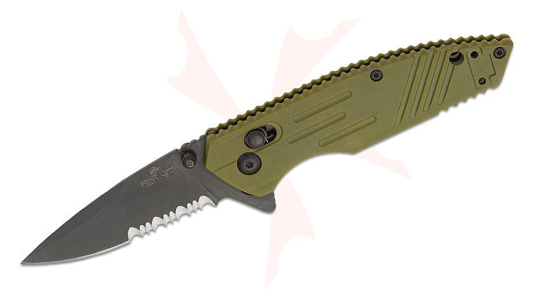 Bear OPS Rancor IX Slide Lock Flipper Knife 2.83 inch D2 Black Serrated Drop Point Blade, OD Green Zytel Handles
