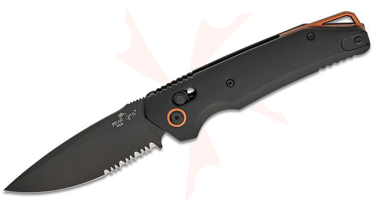 Bear OPS AC-2100-ALBK-B KATAKT II AUTO Folding Knife 3.17 inch M390 Black DLC Combo Blade, Black Aluminum Handles w/ Copper Backspacer