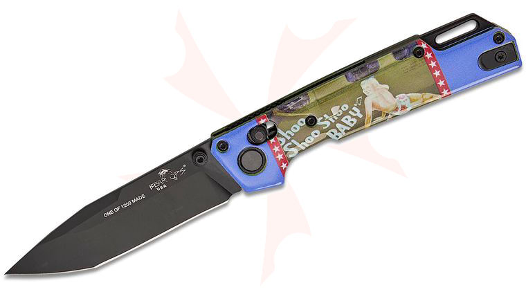 Bear OPS WWII Bomber Pin-Up Series March Nekama I Folding Knife 3.42 inch 14C28N Black DLC Modified Tanto Blade, Bomber Green Aluminum Handles with Pin-Up Art