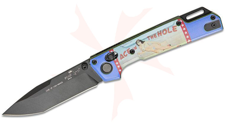 Bear OPS WWII Bomber Pin-Up Series May Nekama I Folding Knife 3.42 inch 14C28N Black DLC Modified Tanto Blade, Bomber Green Aluminum Handles with  inchAce in the Hole inch Pin-Up Art