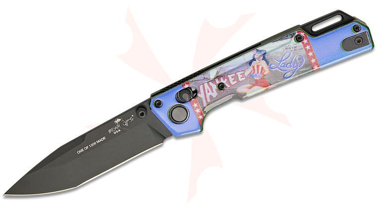 Bear OPS WWII Bomber Pin-Up Series April Nekama I Folding Knife 3.42 inch 14C28N Black DLC Modified Tanto Blade, Bomber Green Aluminum Handles with  inchYankee Lady inch Pin-Up Art