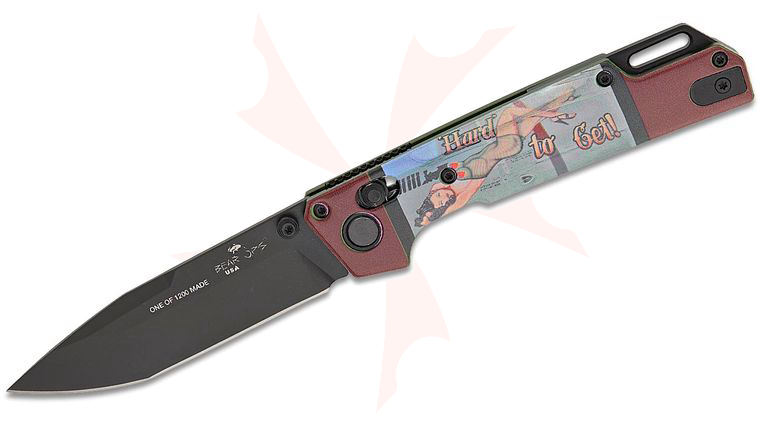 Bear OPS WWII Bomber Pin-Up Series August Nekama I Folding Knife 3.42 inch 14C28N Black DLC Modified Tanto Blade, Bomber Green Aluminum Handles with  inchHard to Get inch Pin-Up Art