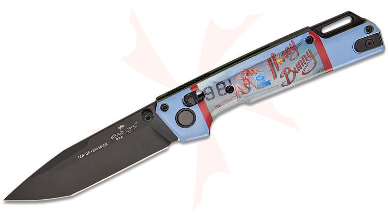 Bear OPS WWII Bomber Pin-Up Series February Nekama I Folding Knife 3.42 inch 14C28N Black DLC Modified Tanto Blade, Bomber Green Aluminum Handles with  inchHoney Bunny inch Pin-Up Art