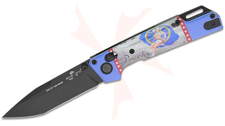 Bear OPS WWII Bomber Pin-Up Series July Nekama I Folding Knife 3.42 inch 14C28N Black DLC Modified Tanto Blade, Bomber Green Aluminum Handles with  inchPeaches inch Pin-Up Art