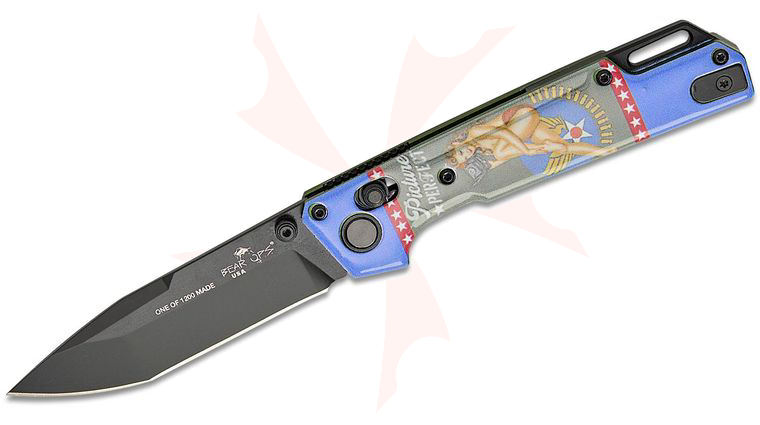 Bear OPS WWII Bomber Pin-Up Series June Nekama I Folding Knife 3.42 inch 14C28N Black DLC Modified Tanto Blade, Bomber Green Aluminum Handles with  inchPicture Perfect inch Pin-Up Art