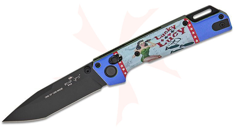 Bear OPS WWII Bomber Pin-Up Series September Nekama I Folding Knife 3.42 inch 14C28N Black DLC Modified Tanto Blade, Bomber Green Aluminum Handles with  inchLucky Lucy inch Pin-Up Art