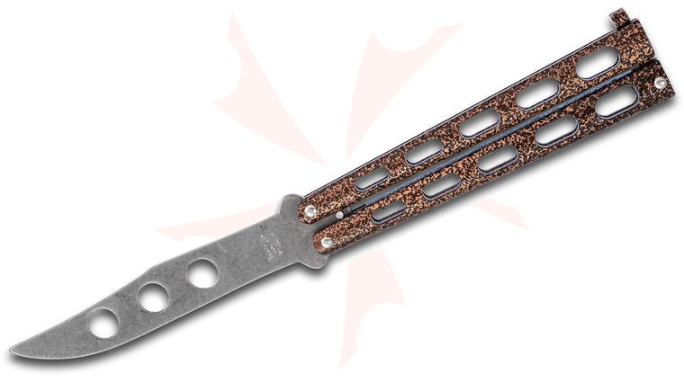 Bear & Son 114CVTR Balisong Butterfly Knife Trainer 4.25 inch Unsharpened Stonewashed Blade, Copper Vein Zinc Handles, KnifeCenter Exclusive
