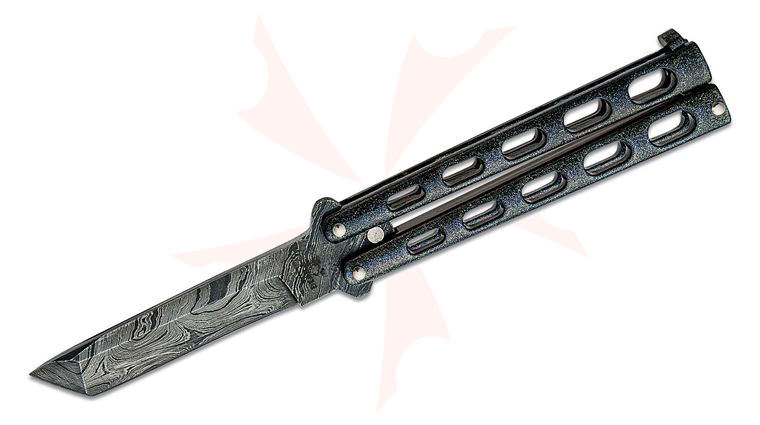 Bear & Son 114GXAD 5 inch Armor Piercing Butterfly Knife Damascus Tanto Blade, Galaxy Epoxy Coated Stainless Steel Handles