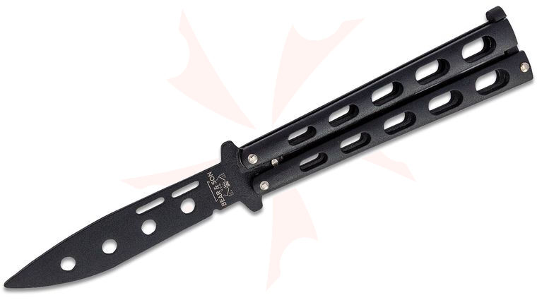 Bear & Son 115BTR Butterfly Trainer 3.375 inch Black Drop Point Blunt Blade, Black Slotted Zinc Handles