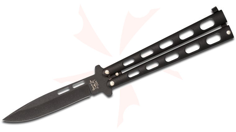 Bear & Son 115B Butterfly Knife 3.375 inch Black 1095 Carbon Steel Drop Point Blade, Black Zinc Handles