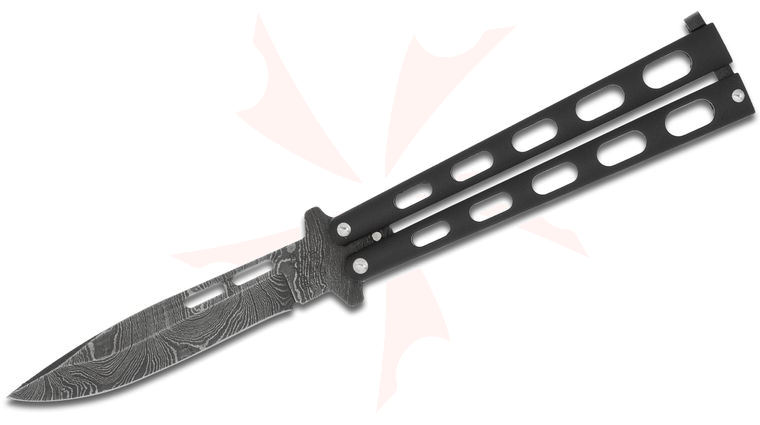 Bear & Son 115D Butterfly Knife 3.375 inch Damascus Drop Point Blade, Black Zinc Handles