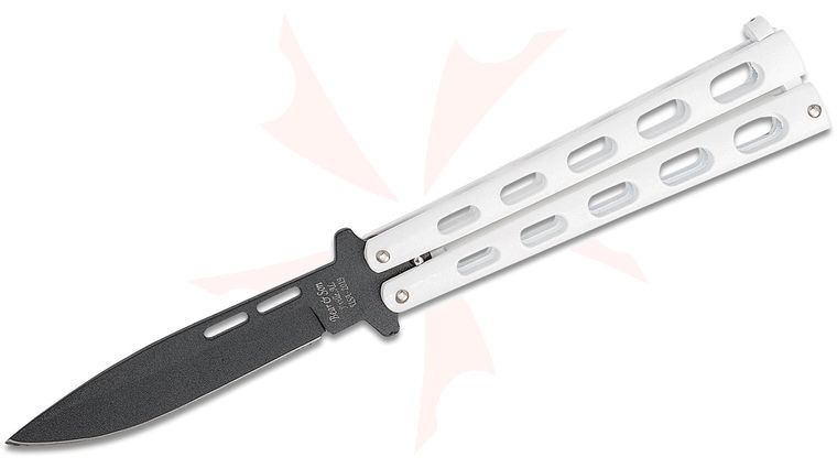Bear & Son 115W Butterfly Knife 3.375 inch Black 1095 Carbon Steel Drop Point Blade, White Zinc Handles