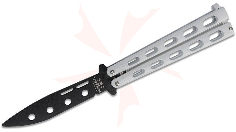 Bear & Son 115WTR Butterfly Trainer 3.375 inch Black Drop Point Blunt Blade, White Slotted Zinc Handles