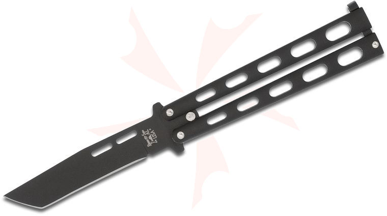 Bear & Son 115TANB Butterfly Knife 3.375 inch Black 1095 Tanto Blade, Black Zinc Handles