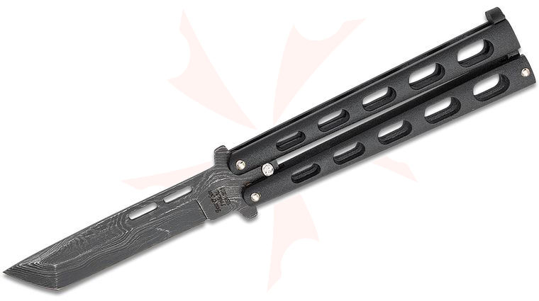 Bear & Son 115TAND Butterfly Knife 3.875 inch Damascus Tanto Blade, Black Slotted Zinc Handles