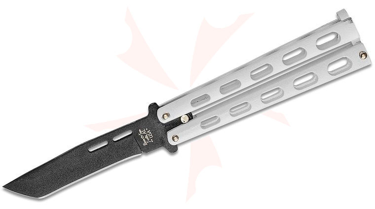 Bear & Son 115TANW Butterfly Knife 3.375 inch Black 1095 Carbon Steel Tanto Blade, White Zinc Handles