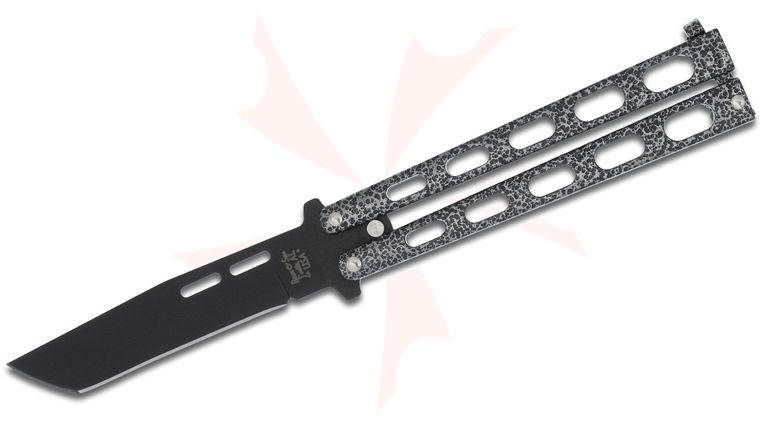 Bear & Son 115TAN Butterfly Knife 3.375 inch Black 1095 Tanto Blade, Silver Vein Slotted Zinc Handles