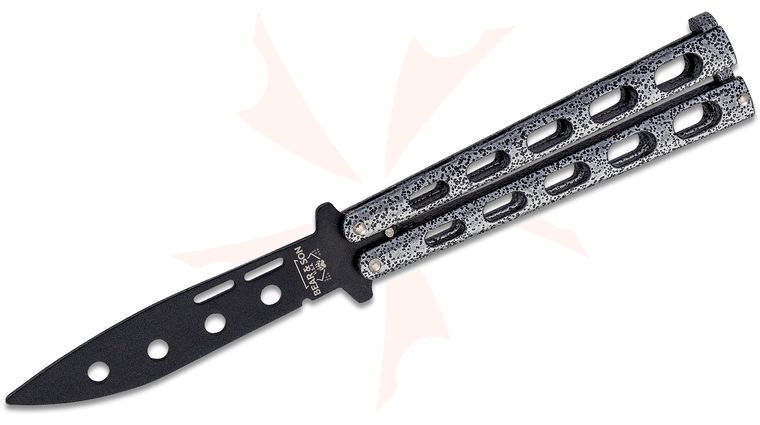 Bear & Son 115TR Butterfly Trainer 3.375 inch Black Drop Point Blunt Blade, Silver Vein Slotted Zinc Handles