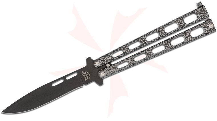 Bear & Son 115 Butterfly Knife 3.375 inch Black 1095 Drop Point Blade, Silver Vein Slotted Zinc Handles